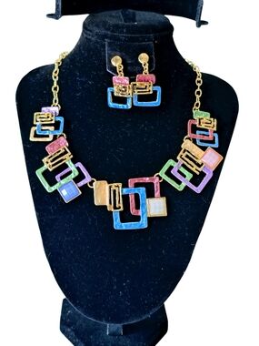 Multicolor Enamel Geometric Square Necklace and Earring Set - Gold-Tone